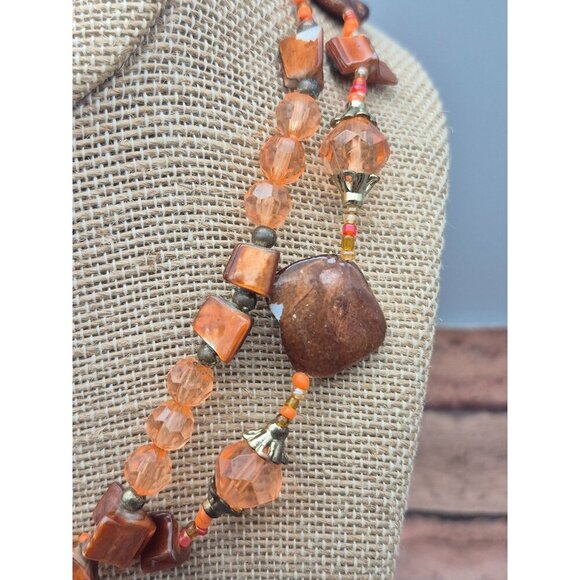 Artisan Made Peach & Brown Beaded Necklace & Dangle Earrings Set Dyed Abalone - Picture 6 of 9